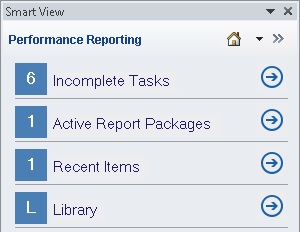 Shows the Performance Reporting Home panel, providing access to the items that require user attention and access to recently accessed items as well as the EPRCS Library node.