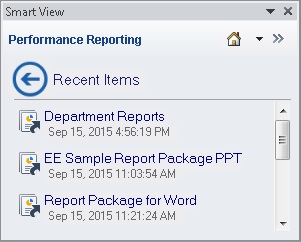 Performance Reporting Home panel, displaying list of recently opened report packages.