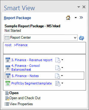 レポート・パッケージでドックレットを選択すると、開くおよびチェックアウト・コマンドがアクション・パネルに表示されます。
