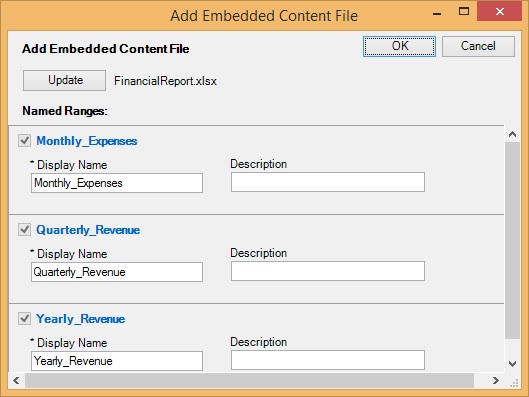 The Add Embedded Content File dialog box, showing the three available ranges selected to register them with the doclet