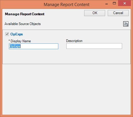 Manage Report Content dialog for reference files, with editable fields for Display Name and Description.