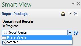 レポート・パッケージのドロップダウン・リストで使用可能なオプションを表示します。 オプションはレポート・センターと変数です 