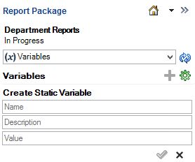 「レポート・パッケージ」パネルで、静的変数の作成という名前の領域が名前、説明、および値の各フィールドとともに表示されます。