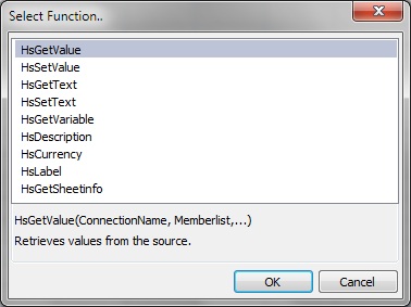 The Function Builder, Select Function dialog box, with HsGetValue, selected as described in this section