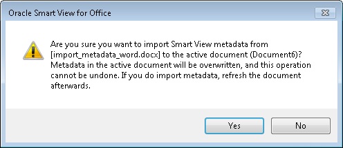 Shows the warning message when importing metadata in Word documents.