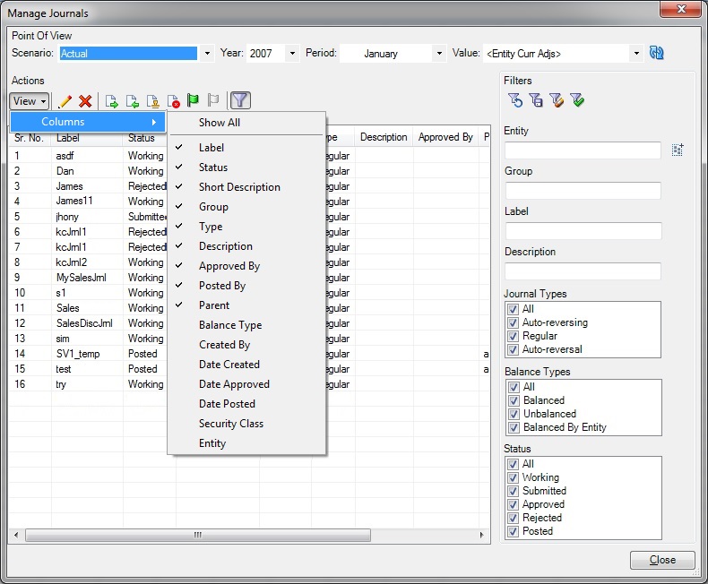 Manage Journals dialog box, showing the list of columns you can choose to display