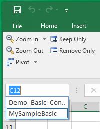 Name Box in Excel, with the drop-down list showing the newly renamed range called MySampleBasic.
