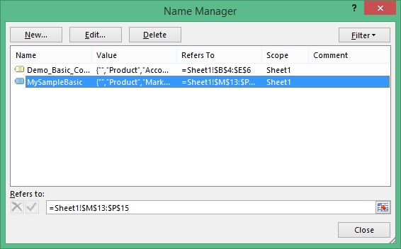 The Excel Name Manager, showing the newly renamed range called MySampleBasic.