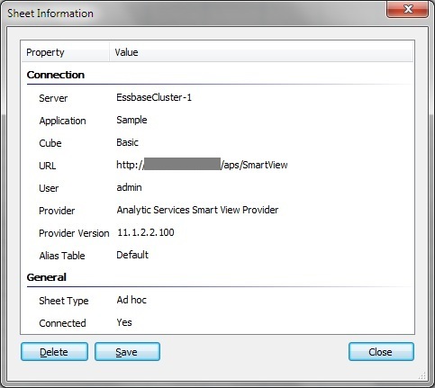 The Sheet Information dialog box for an Essbase ad hoc grid. It shows the Essbase Server name, application and cube name, connection URL, user name, Provider type and version, alias table in use, sheet type, and connection status. There are also selectable Delete and Save buttons.
