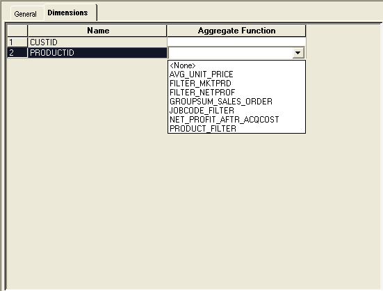 Example of the Dimensions tab in PeopleSoft Application Designer-Analytic Model