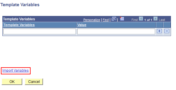 Template Variables page: clicking Import Variables