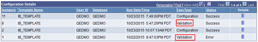 Configuration Monitor page: ExecType column displaying Validation