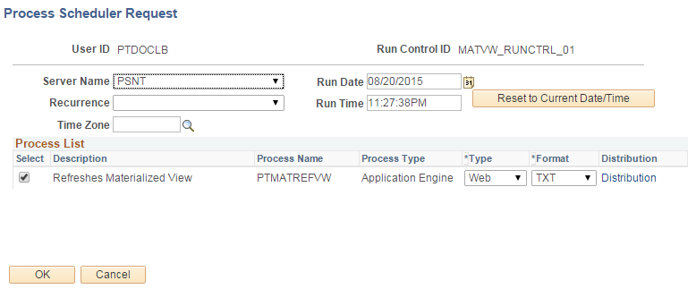 Process Request page showing PTMATREFVW Application Engine process type.