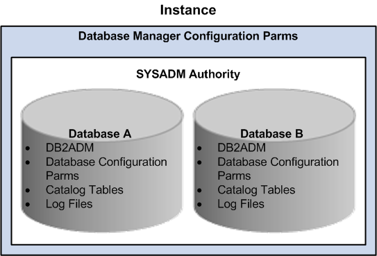 DB2 LUW instance housing a collection of databases sharing the same engine and database manager parameters yet with each database having its own DB2ADM, specific database configuration, catalog tables, and log files