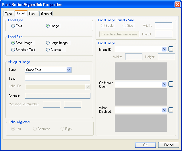 Push Button/Hyperlink Properties dialog box: Label tab