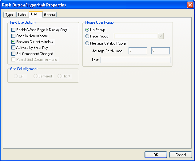 Push Button/Hyperlink Properties dialog box: Use tab