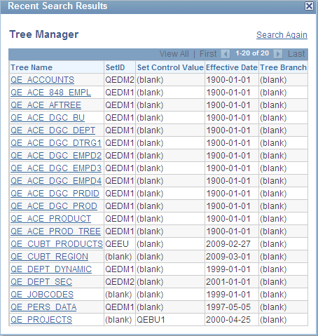 Tree Manager Recent Search Results pop-up page showing results grid