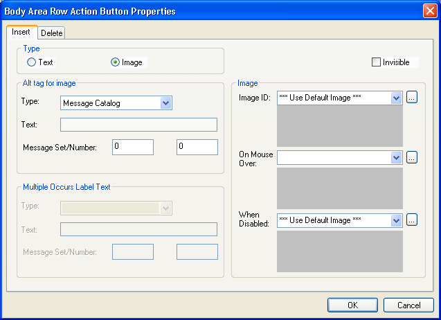 Body Area Row Action Button Properties dialog box