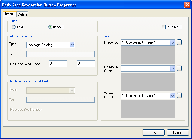 Body Area Row Action Button Properties dialog box