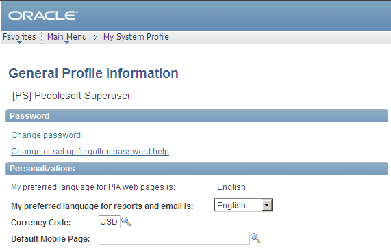 Primary page showing Change password link that opens a secondary page