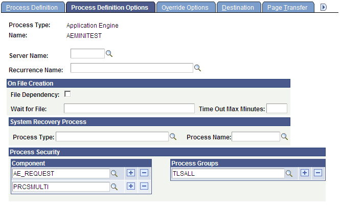 Processes - Process Definition Options page