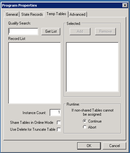 Program Properties dialog box: Temp Tables tab