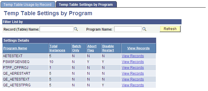 Temp Table Settings by Program page