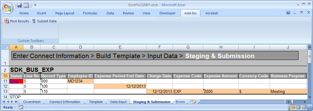 Staging and Submission tab in Excel to Component Interface utility.