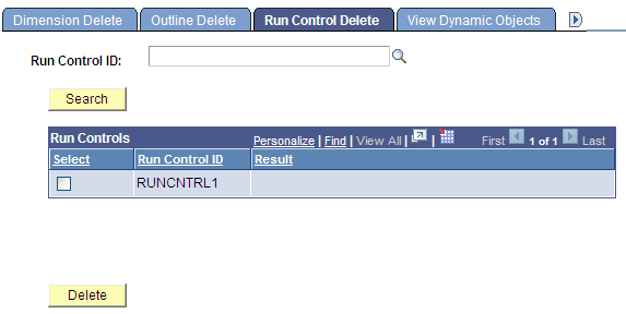 Run Control Delete page