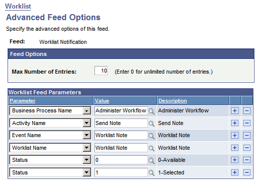 Worklist - Advanced Feed Options page