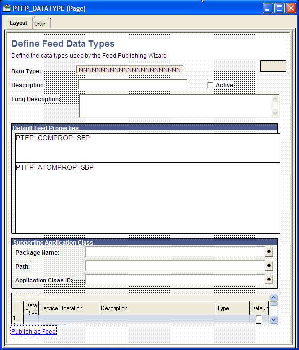 PTFP_DATATYPE page showing the Publish as Feed link