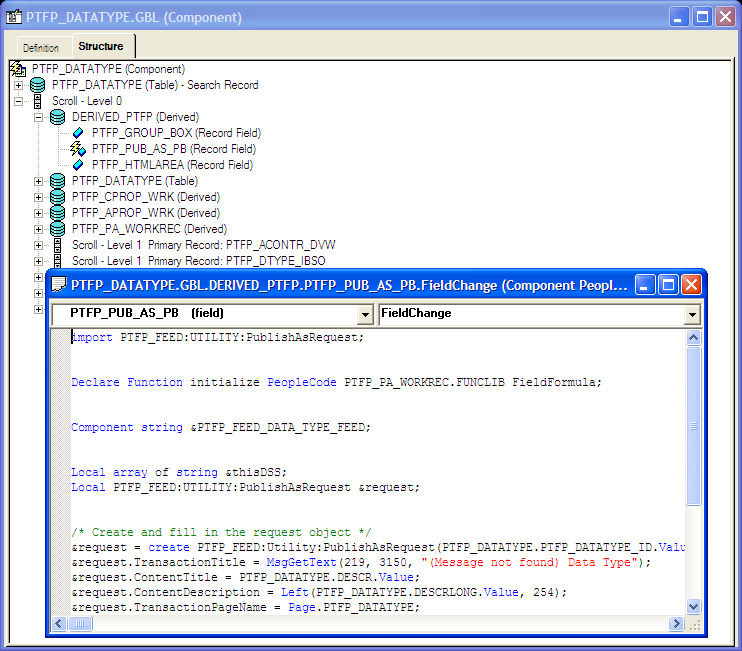 PTFP_PUB_AS_PB field showing PeopleCode for the FieldChange event