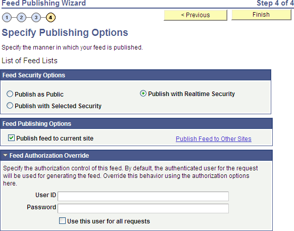 Feed Publishing Wizard - Specify Publishing Options page