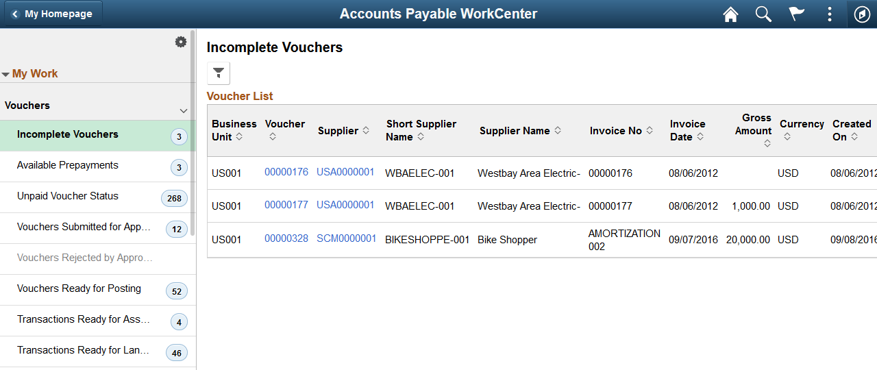Master/detail example: Accounts Payable WorkCenter