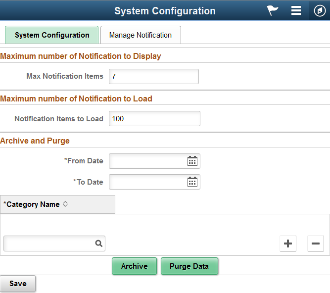 System Configuration page for Push Notification Window