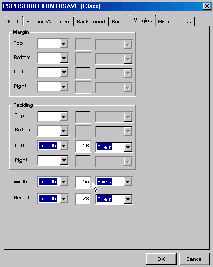 Margins tab for the PSPUSHBUTTONTBSAVE styleclass