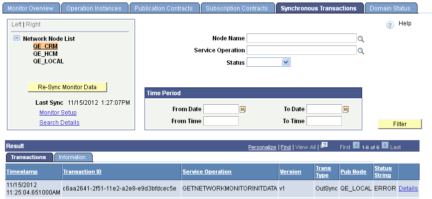 Network Monitor - Synchronous Transactions page