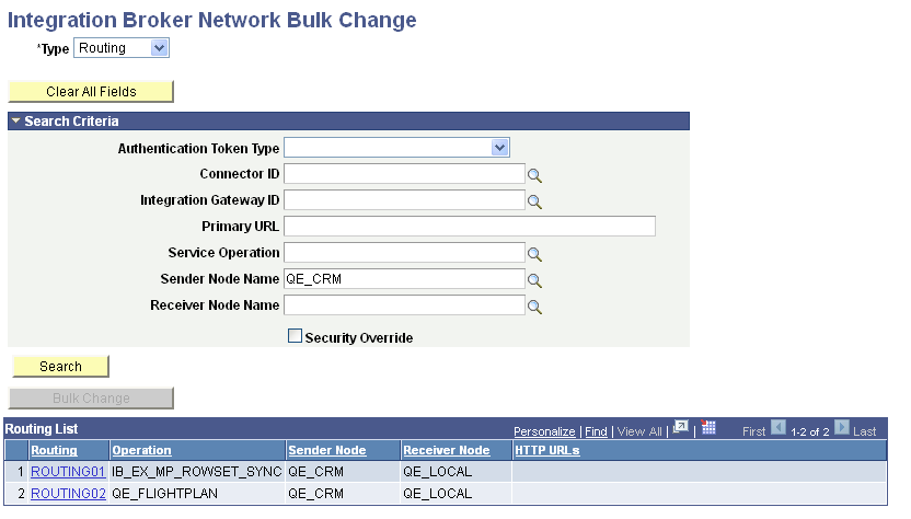 Integration Broker Network Bulk Change page