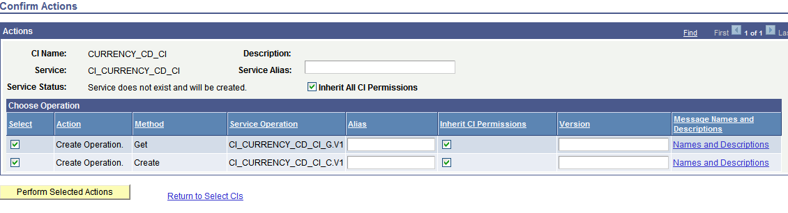 Confirm Actions page