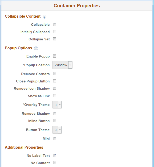 Container Properties page