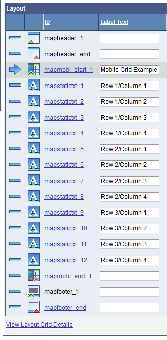 Partial view of the Layout grid with a mobile grid element populated with static text elements