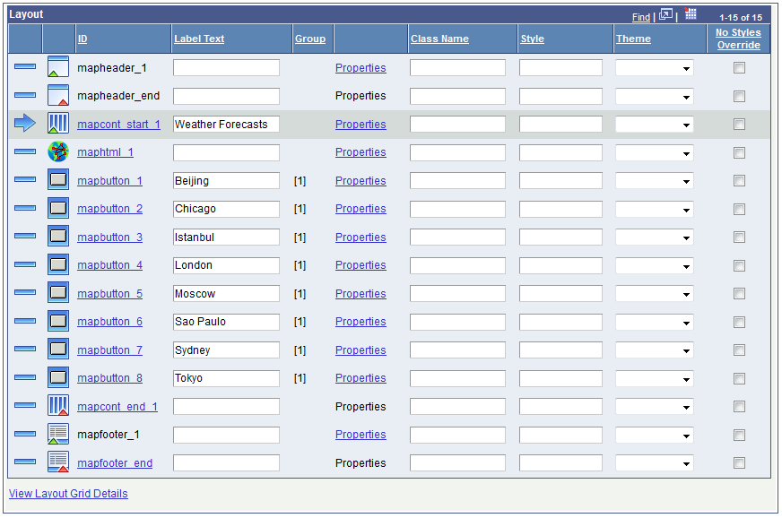 Example: Page elements added to the Layout grid for the example