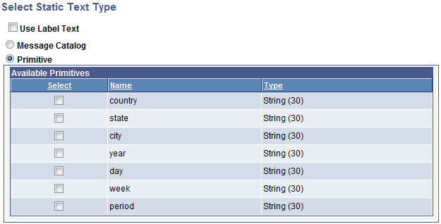 Select Static Text Type page (Primitive)