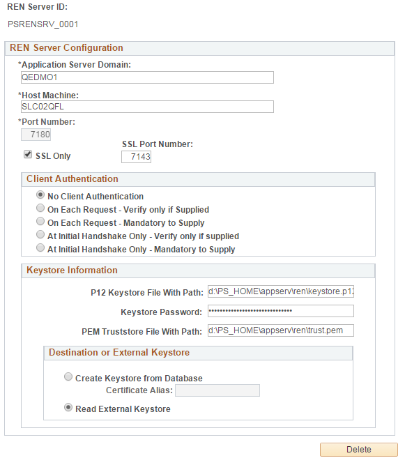 The REN Server Configuration page displaying the REN server ID and the Keystore Information.