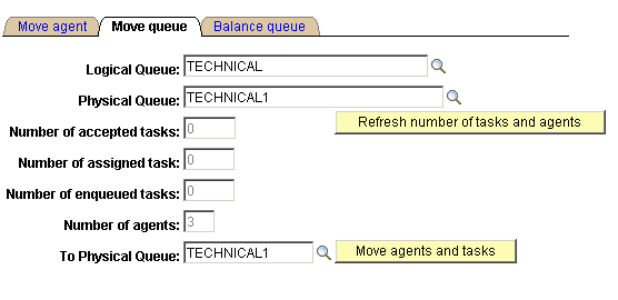 The Move queue page has the editable fields Logical Queue, Physical Queue, Number of Accepted Tasks, Number of Assigned Tasks, Number of Enqueued Tasks, Number of Agents, and To Physical Queue