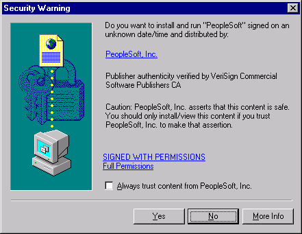 The Security Warning dialog box asking you whether you want to trust information from PeopleSoft