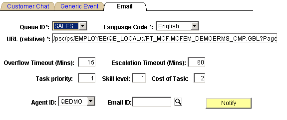 The Email Sample page having the following editable fields - Queue ID, Language Code, URL (relative), Overflow Timeout in minutes, Escalation Timeout in minutes, Task Priority, Skill Level, Cost of Task, Agent ID, and Email ID