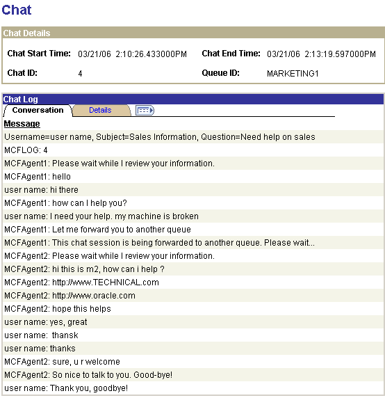 The Conversation tab of the Chat page displaying the Chat Message along with the Chat Start Time, Chat End Time, Chat ID, and Queue ID.