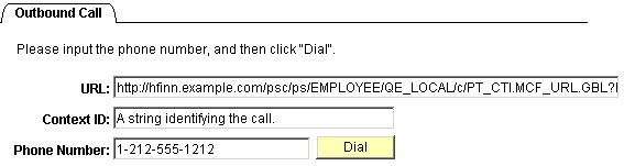 The Outbound Call page having the following editable fields: URL, Context ID, and Phone Number to dial
