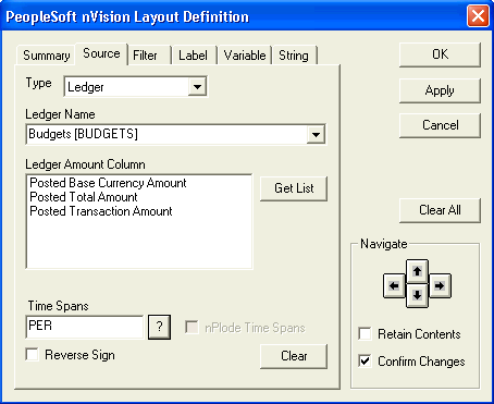 PeopleSoft nVision Layout Definition dialog box: Source tab